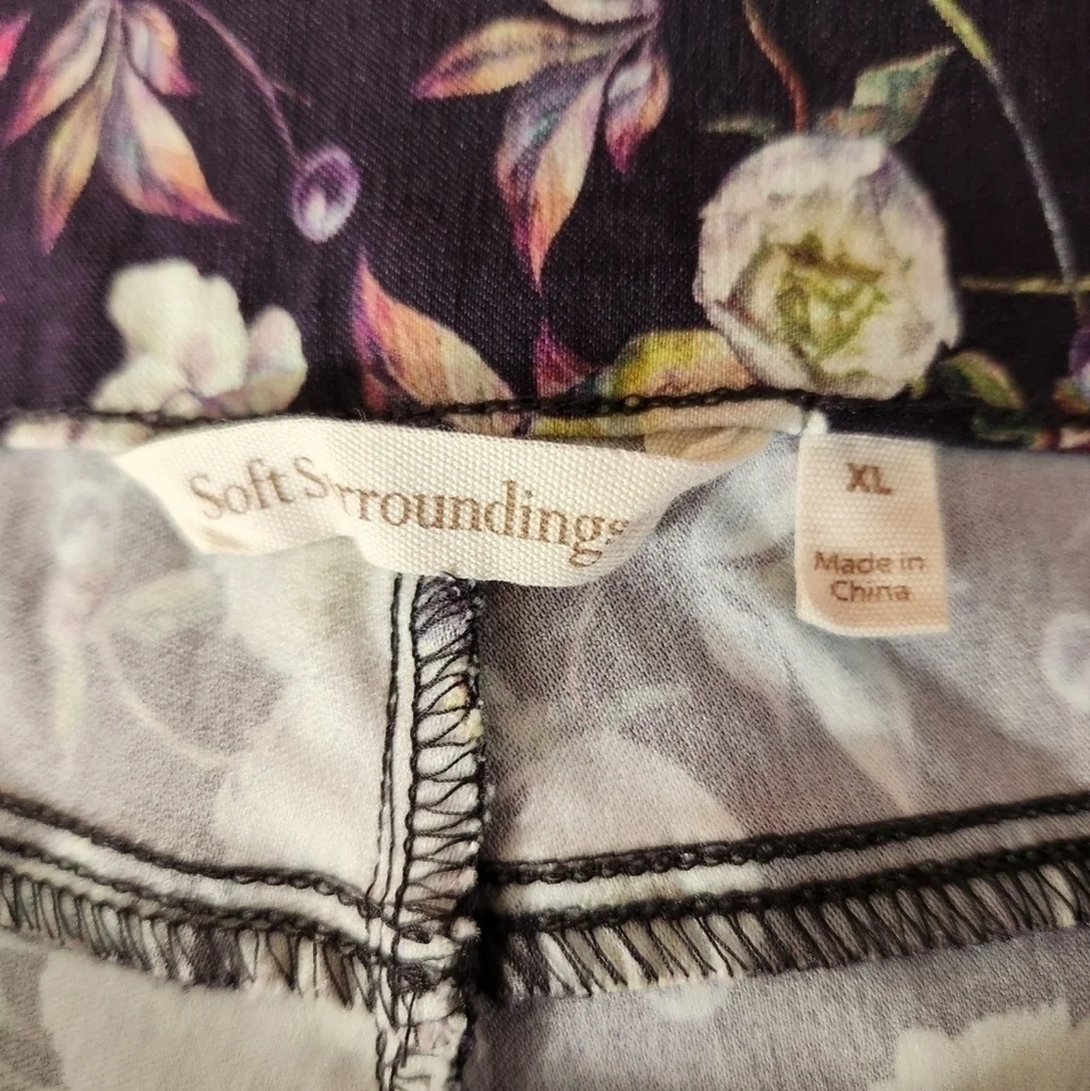 Soft Surroundings Superla Peony Floral Black Pull-on Straight Crop Pants-Size XL